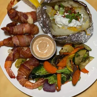 Bacon wrapped bacon, loaded potato, veggies