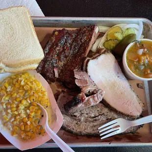 3 meats: brisket, ribs, turkey Jalapeño and corn, charro beans