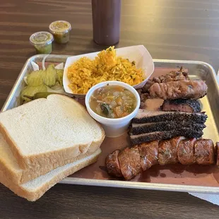 3 Meat Plate. Brisket, house sausage and Mollejas. With Mexican Rice and Charro Beans.