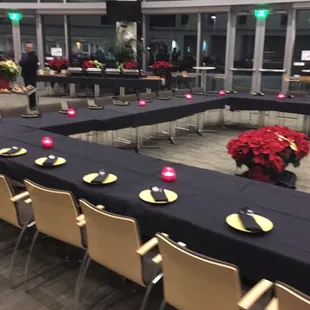 a long table with place settings