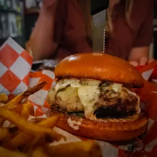 a cheeseburger and french fries