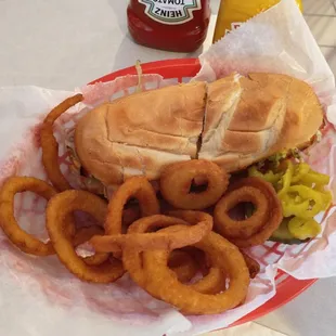Hot Sub with Onion Rings.
