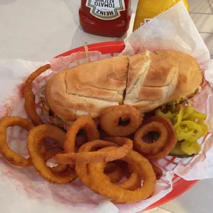 Hot Sub with Onion Rings.