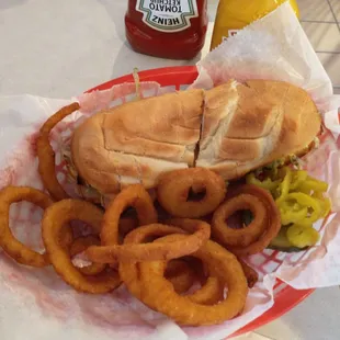 Hot Sub with Onion Rings.