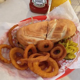 Hot Sub with Onion Rings.