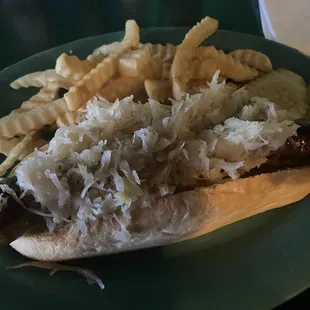 Johnsonville Brat with sauerkraut and Krinkle fries
