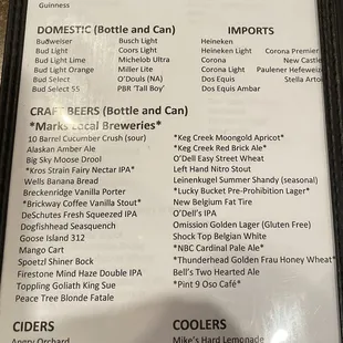 Beer menu