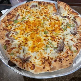 White Philly cheesesteak pizza