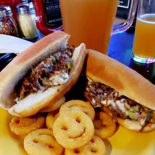 Smiley fries and chicken sandwich