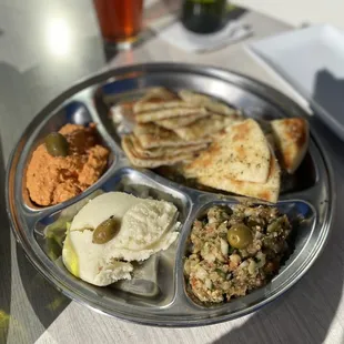 Sampler 3 dips - feta/red pepper, potato garlic, eggplant (from left to right)