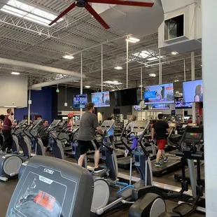 View from the back of the cardio section. To the left is the front desk.