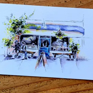 a watercolor painting of a restaurant