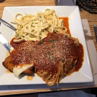 Trio.... chicken parm angel hair spaghetti and fettuccine Alfredo