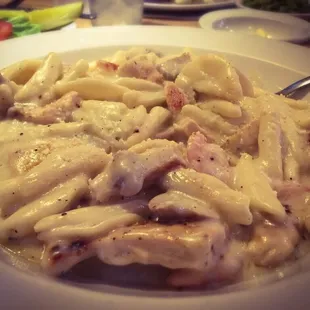 Cavatelli Vasibello with shrimp, chicken, mushrooms, and Alfredo sauce.