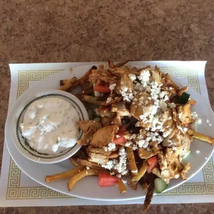 Greek Village Style Fries with Chicken.
