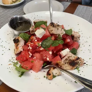 Summer special: watermelon salad with chicken, feta, and strawberries