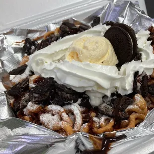 a waffle with ice cream and chocolate