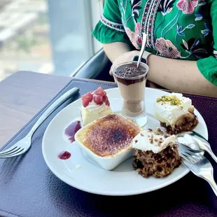 Mini  desserts including crème brûlée, strawberry cheesecake, pb banana cake, carrot cake, chocolate mousse