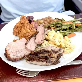 July 4th lunch AYCE - BBQ pork shoulder, marinated flank, apple pie baked beans, green beans, Mac n cheese, fried chicken
