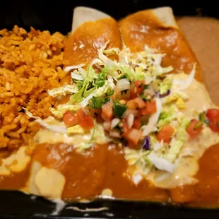 Chicken Enchiladas with Rice and Beans