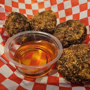 Fried Boudin Balls with Steens Sweet Cane Syrup