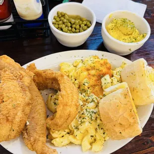 Catfish, Mac&amp;Cheese, Potato Salad, Sweet Peas.