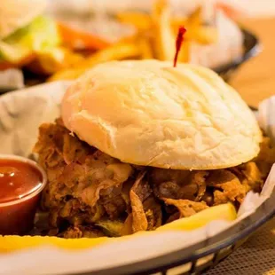 pulled pork sandwich and fries