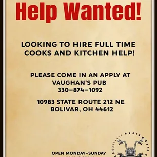 Experienced and flexible cooks needed! Feel free to stop in and fill out an application or find us on Facebook and message us!