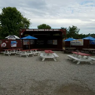 picnic tables and umbrellas