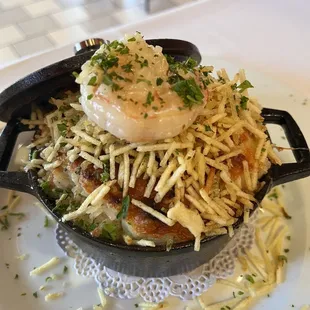 Mini Crispy Fries topped on Cheesy Shrimp Rice