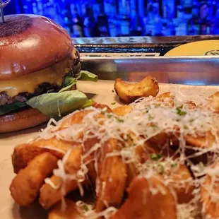 Burger and parmesean fries