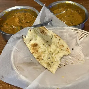 Garlic Naan, Chicken Vindaloo, and Butter Chicken Masala