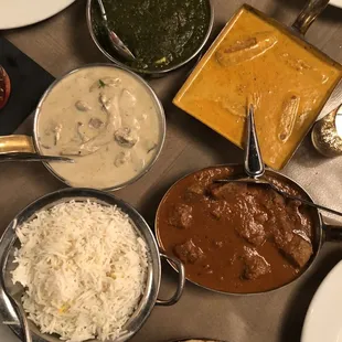 Wild Mushroom Korma (GF) * Lamb Roganjosh (GF) Paneer Palak (GF) Khubani Malai Kofta (GF) *