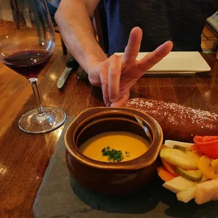 Rutabaga fondue with today&apos;s soft pretzel &amp; yesterdays pickles