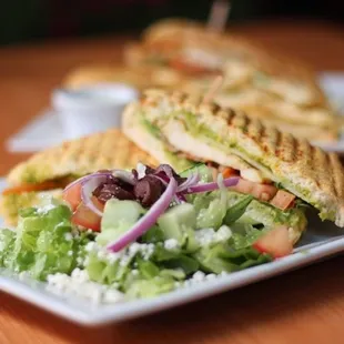Spicy Chicken panini w/ greek salad