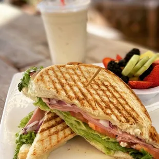 Black forest hand sandwich on sourdough bread w/ option of fresh fruit or salad