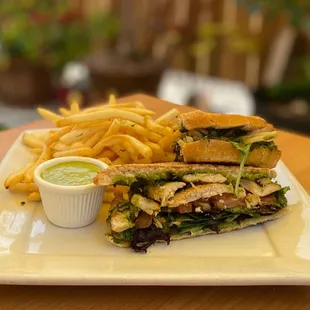 Chicken pesto panini w/french fries and Jalapeno sauce