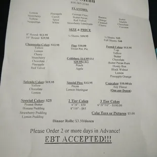 Cake menu