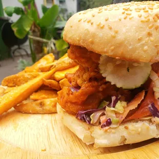 Cajun Fried Chick'n Sandwich and Aaron's Fries (all vegan)