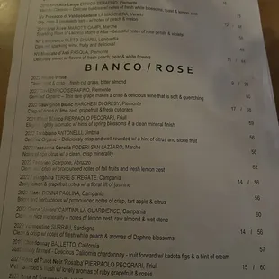 Wine List: Frizzante, Bianco/Rose