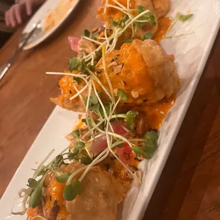 Crispy Tofu, Buffalo cauliflower. Vegan burger, Argula salad was all so bomb!