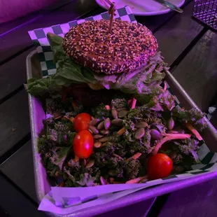 Classic burger with kale salad