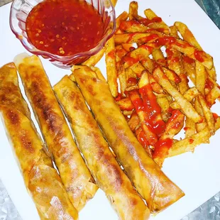 Lumpia &amp; Sriracha Fries. The ultimate poorty snacks on deck for your next event!