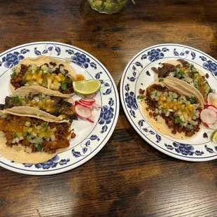 Left: al pastor taco, carnitas taco, chicken taco Right: asada taco, chorizo taco