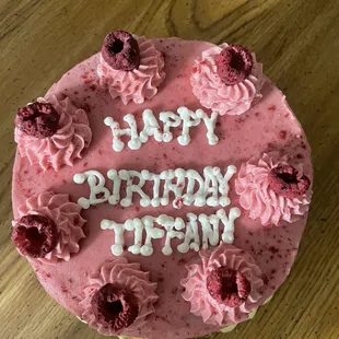 Chocolate cake with raspberry compote and raspberry frosting.