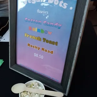 vegan dots (rocky road flavor, other available flavors:cotton candy,rainbow,french toast), vegan dippin dots