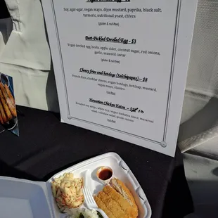 vegan jaycelab hawaiian chicken katsu (soy,white rice,tonkatsu sauce,macaroni salad,coleslaw salad,green onion)