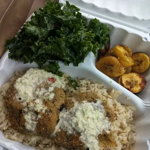 &quot;Fish&quot; cakes, coconut rice, seasoned kale and plantains...YAASSSS!!!