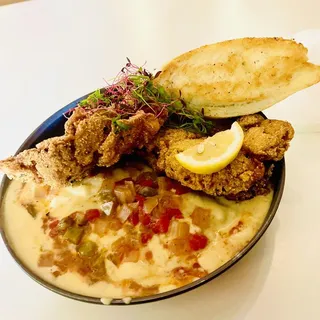 Fish Fried Oyster Mushrooms and Cheese Grits