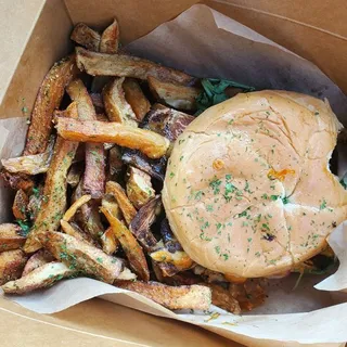 Chicken Fried Seitan Bacon Club Sandwich + Fries